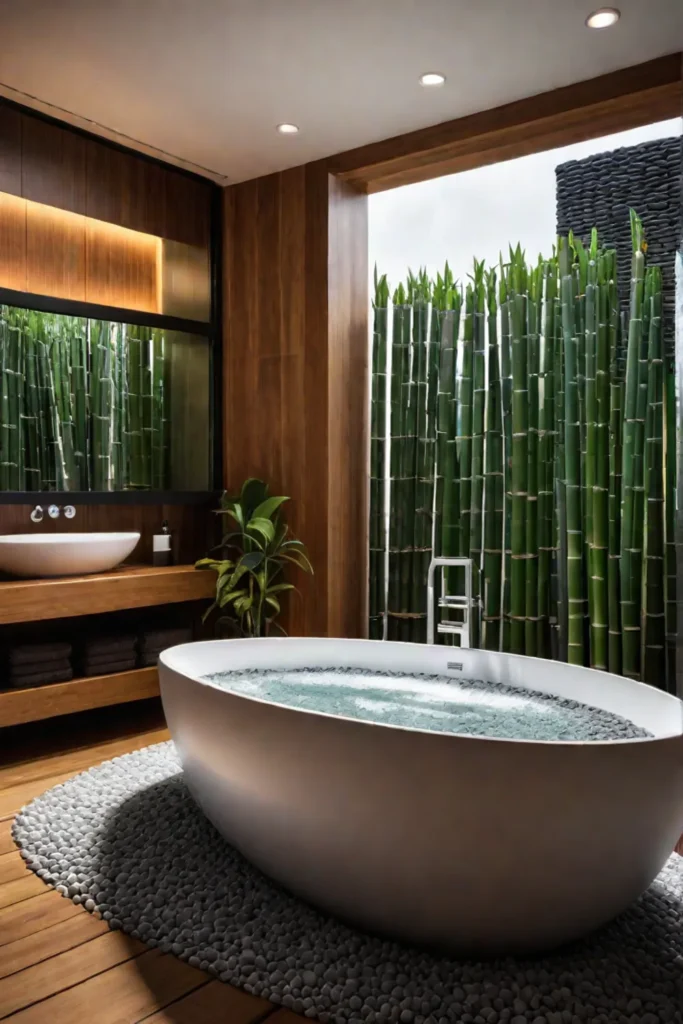 A bathroom with a Japanese soaking tub and a bamboo screen