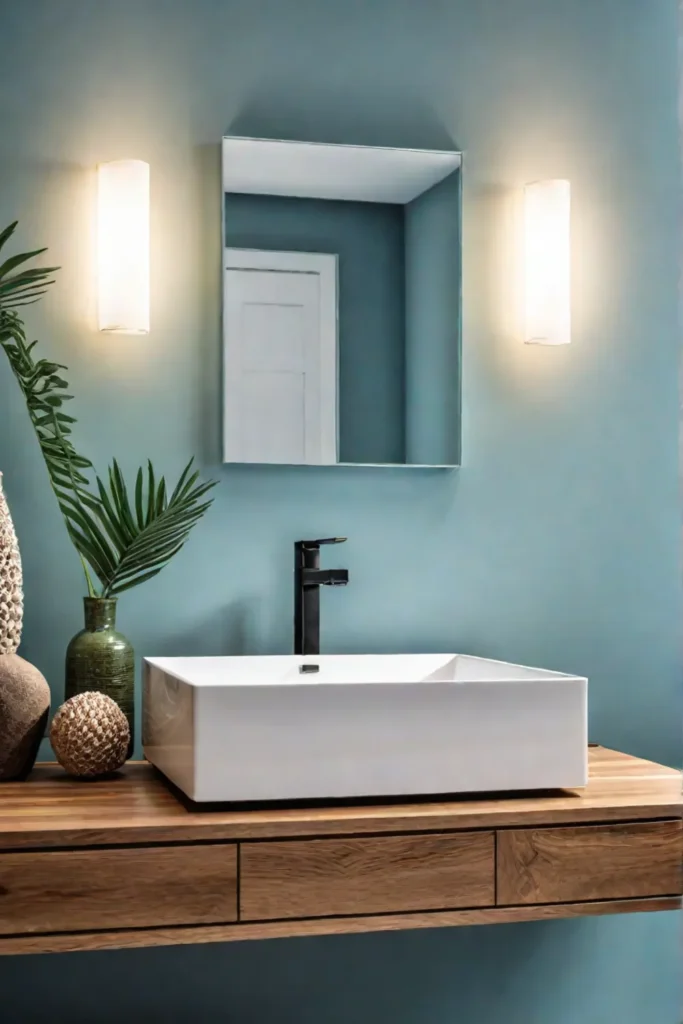 A bathroom with a mix of coastal and modern styles