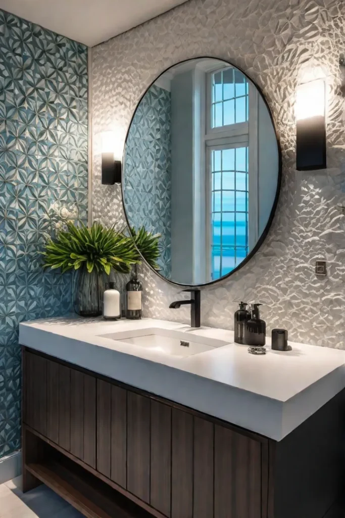 A bathroom with a seashellinspired tile backsplash