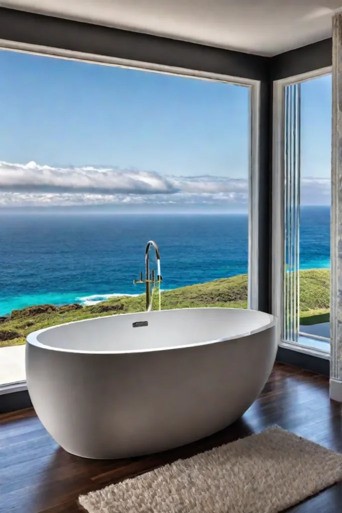 A bathroom with a stunning ocean view