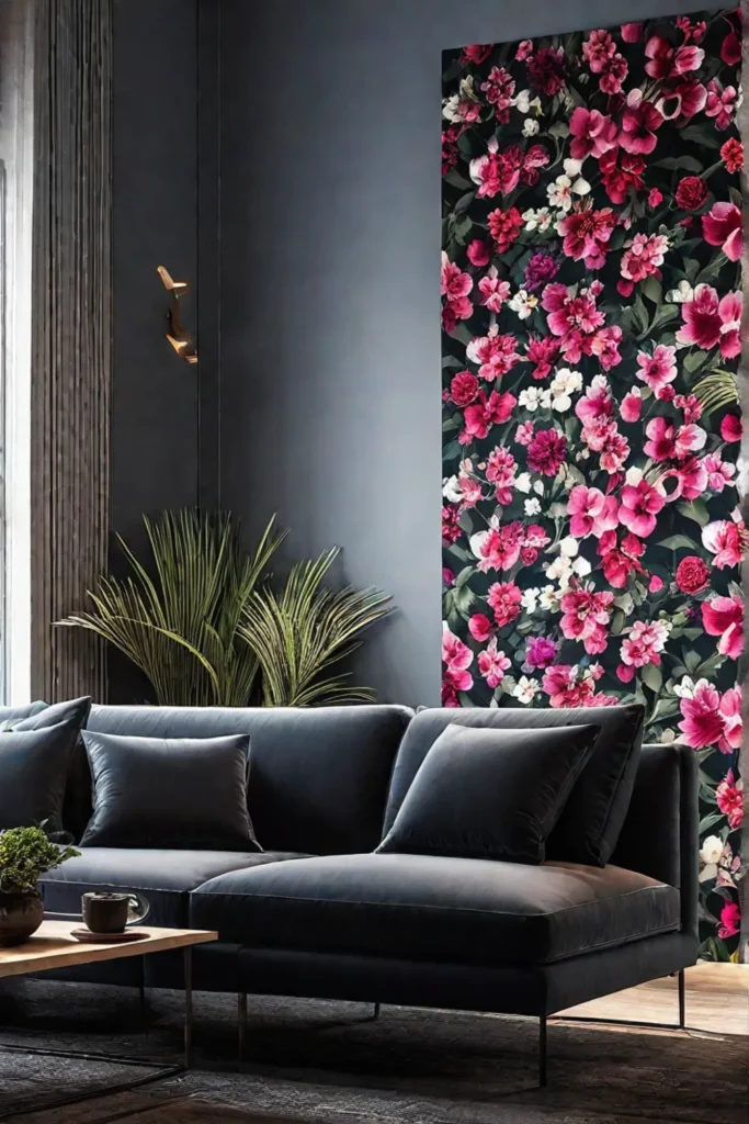 A beautifully decorated living room with a stunning floral wallpaper accent wall