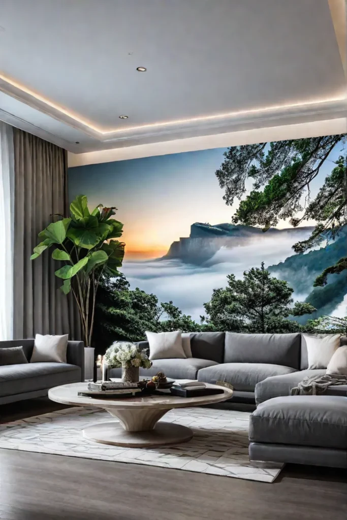 A beautifully designed living room with a wallpaper accent wall that blends