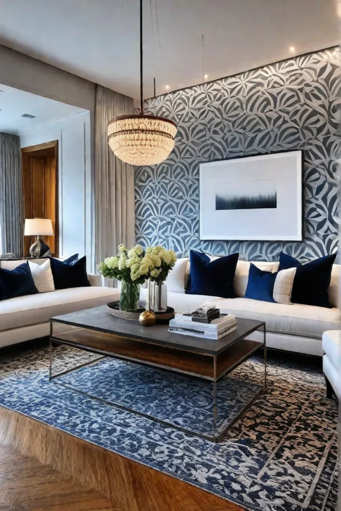 A beautifully designed living room with a wallpaper accent wall that combines