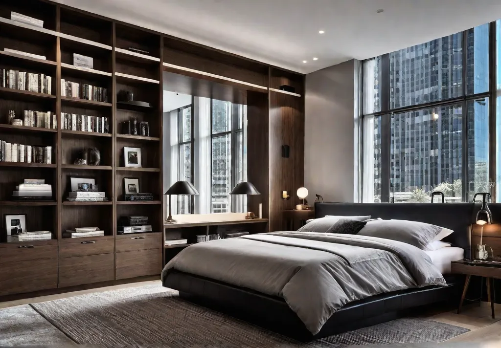 A bedroom with a large builtin floortoceiling bookshelf that serves as afeat