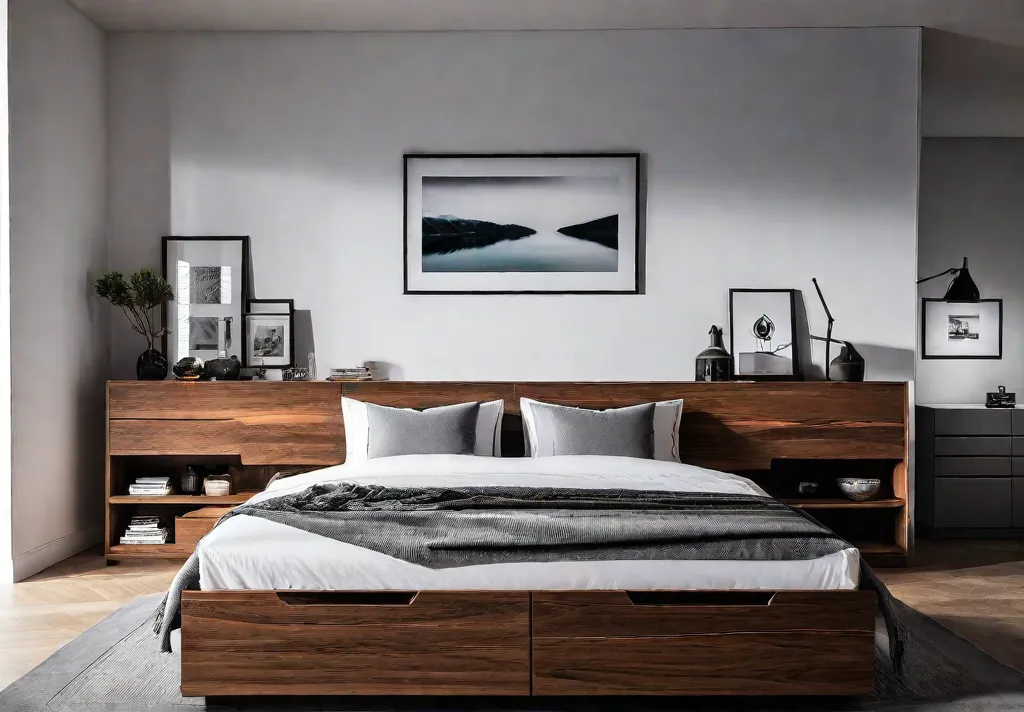 A bedroom with a multifunctional bed frame featuring drawers and hidden storagefeat