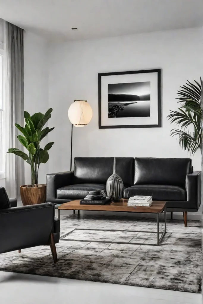 A black leather sofa dark wood console table and black and white