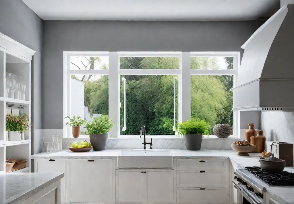 A bright airy kitchen with white cabinets open shelving displaying neatly organizedfeat