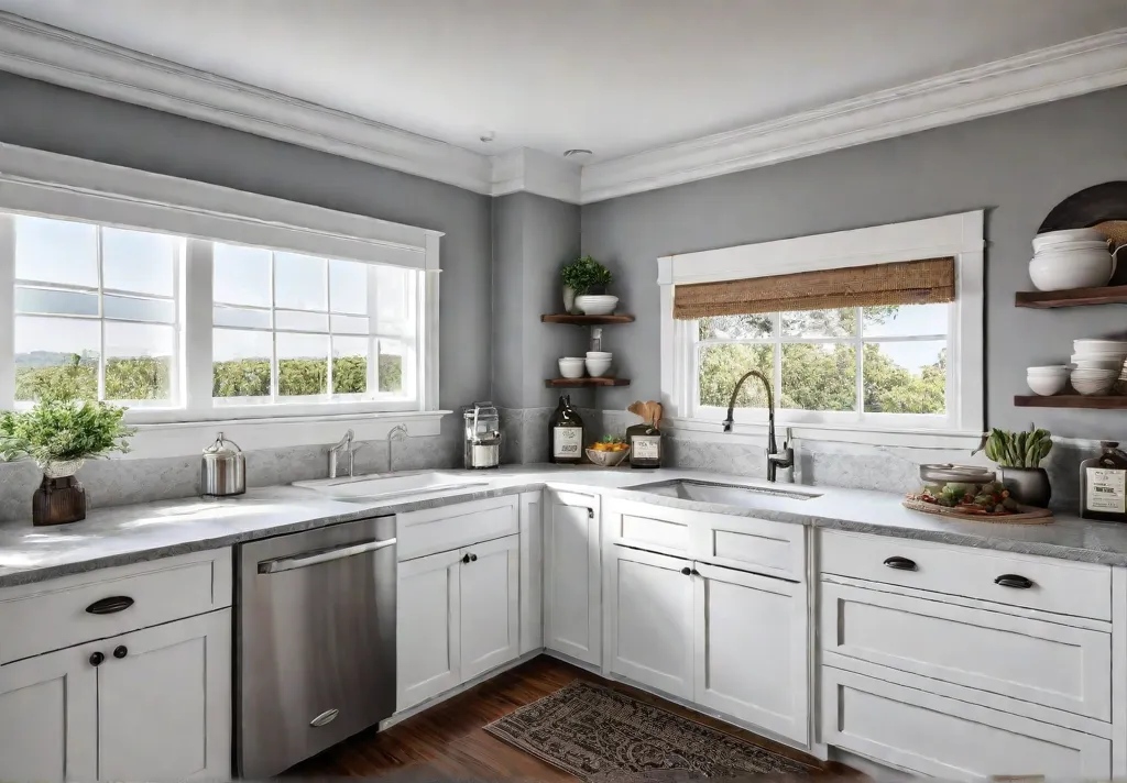 A bright airy kitchen with white shaker cabinets A corner lazy susanfeat