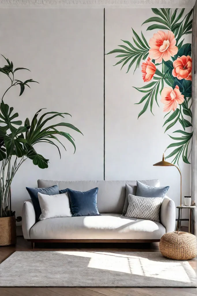 A bright and airy living room with a floral wallpaper accent wall