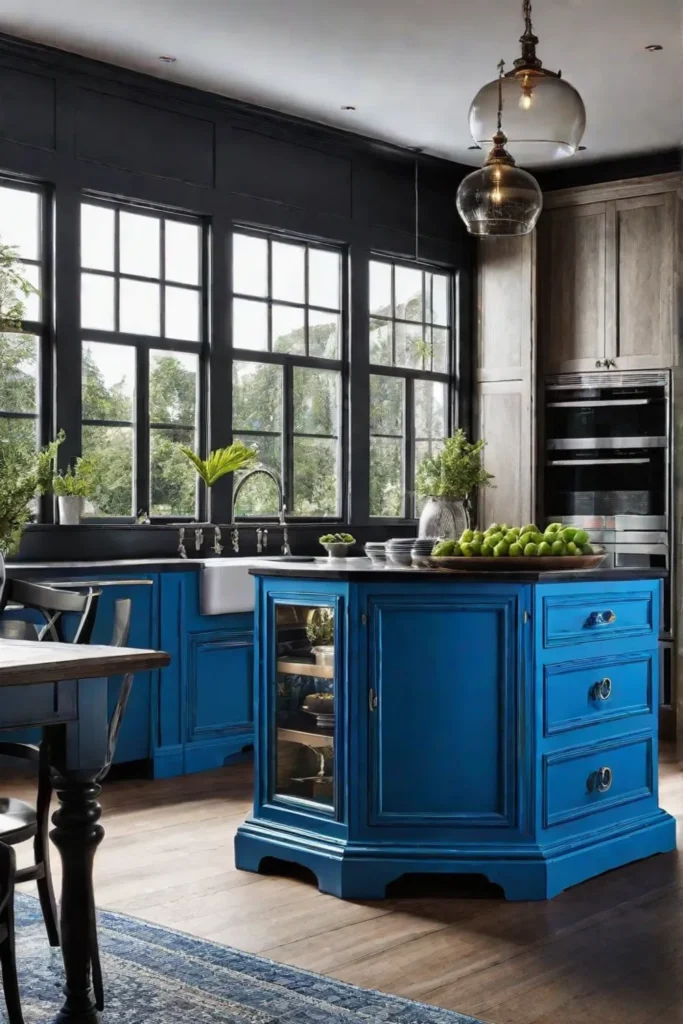 A bright blue kitchen island cabinet standing out against the neutral tones