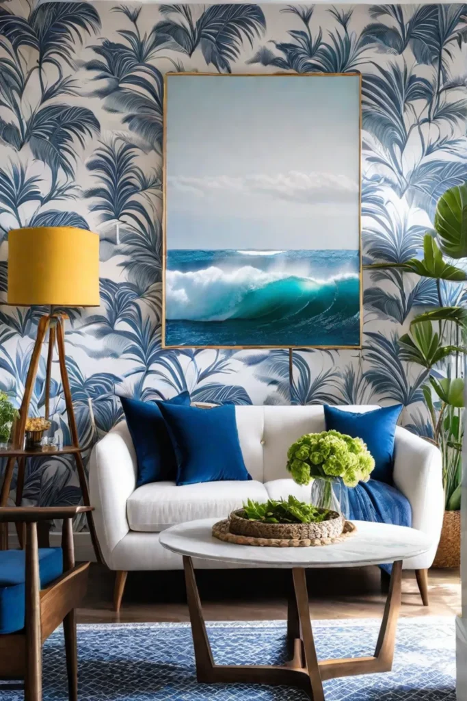 A calming coastalinspired living room with a serene beachthemed wallpaper accent wall