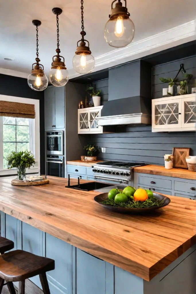 A charming farmhousestyle kitchen with an island that showcases a cozy and