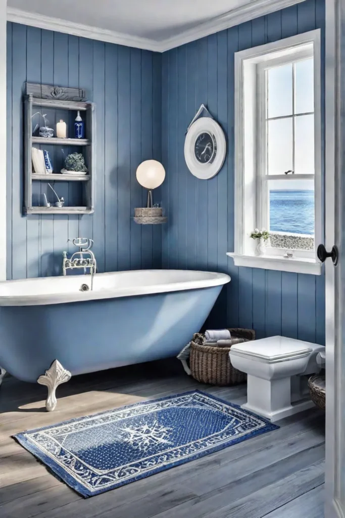 A coastalthemed compact bathroom with blue and white colors and nautical accents