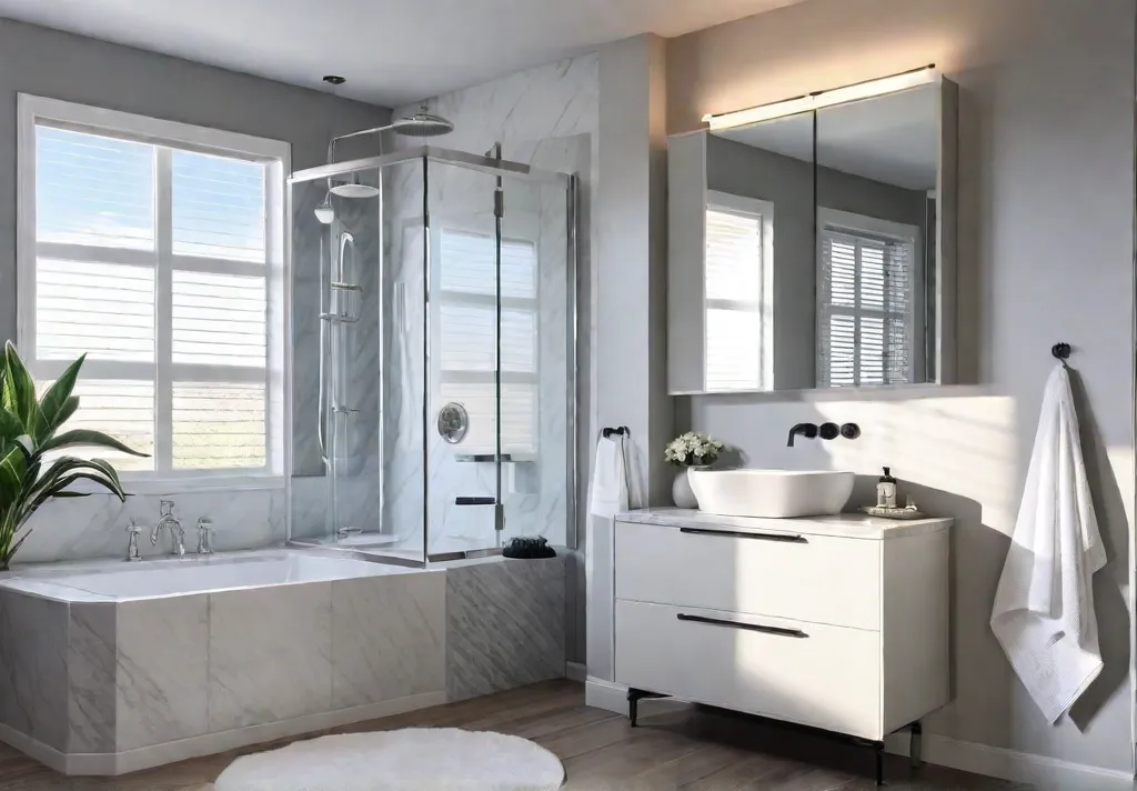 A compact bathroom bathed in natural light featuring a wallmounted vanity withfeat