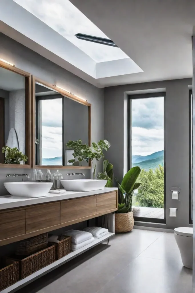 A compact bathroom filled with natural light from large windows and skylights