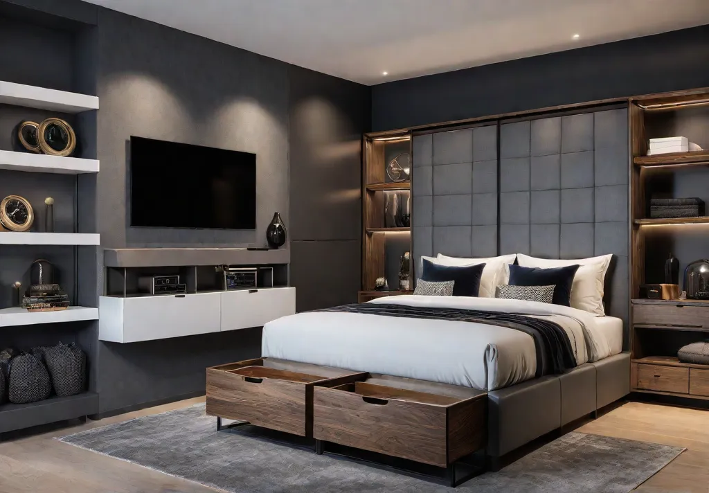 A contemporary bedroom with a stylish storage bed featuring builtin drawers andfeat