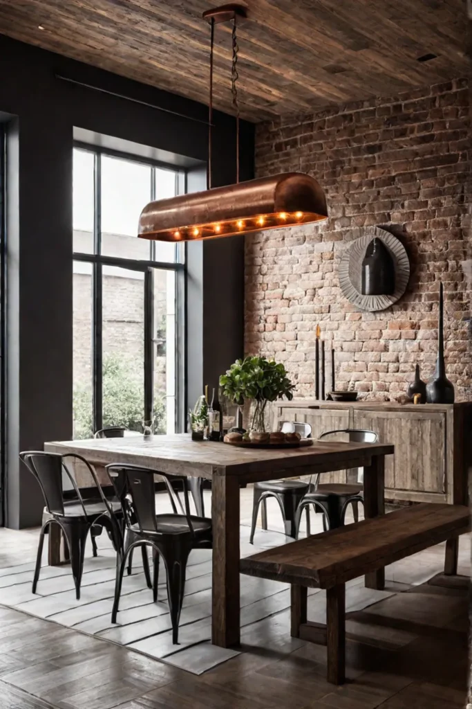 A contemporary dining area with exposed brick walls a metal pendant light