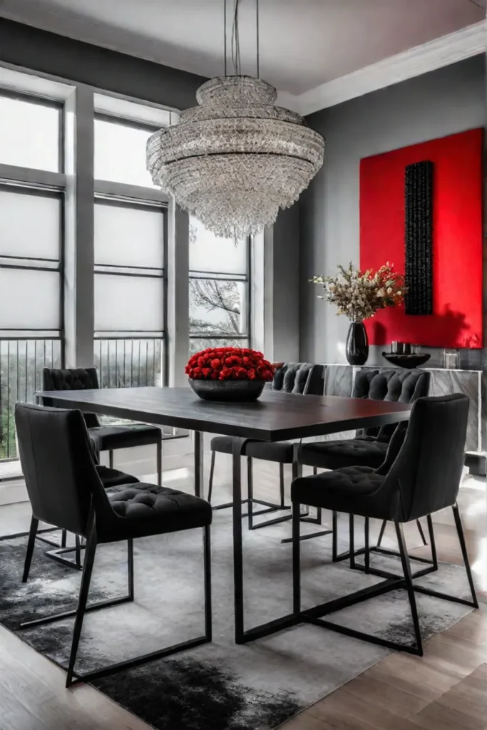 A contemporary dining room with a bold red accent wall a black