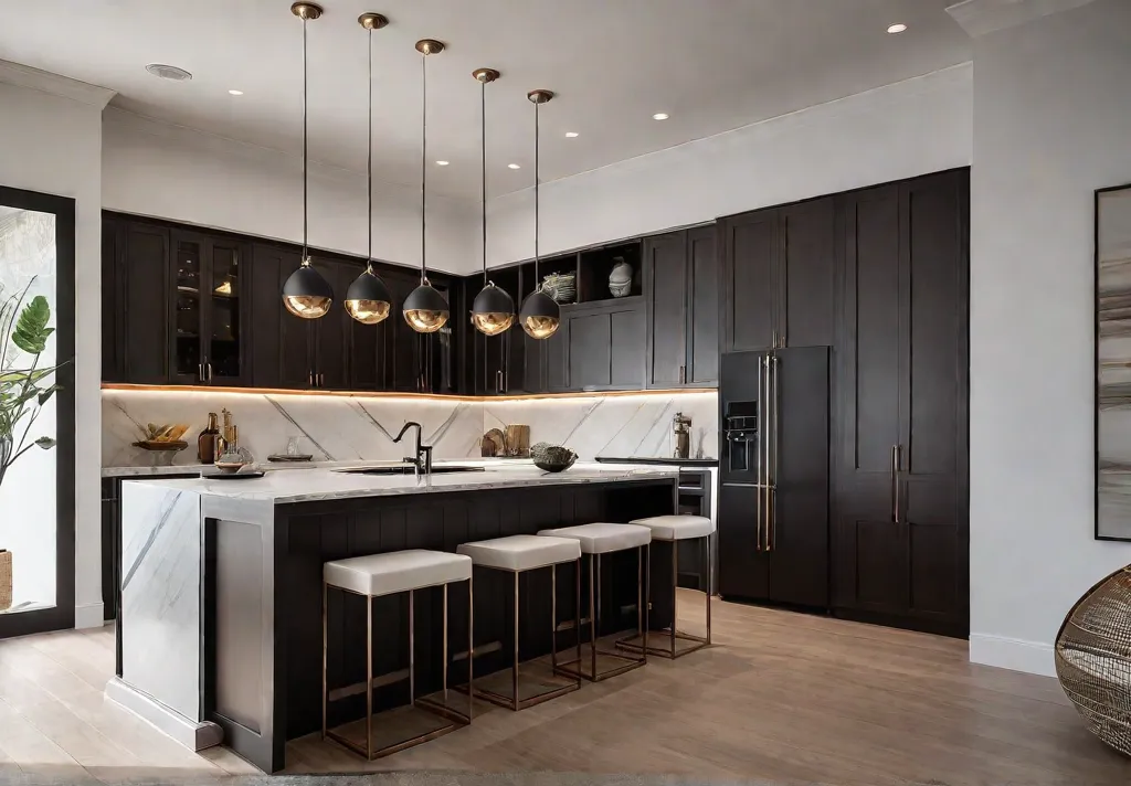 A contemporary kitchen featuring a high ceiling adorned with sleek geometric pendantfeat