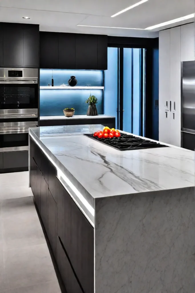 A contemporary kitchen with a sleek and uncluttered island featuring a seamless