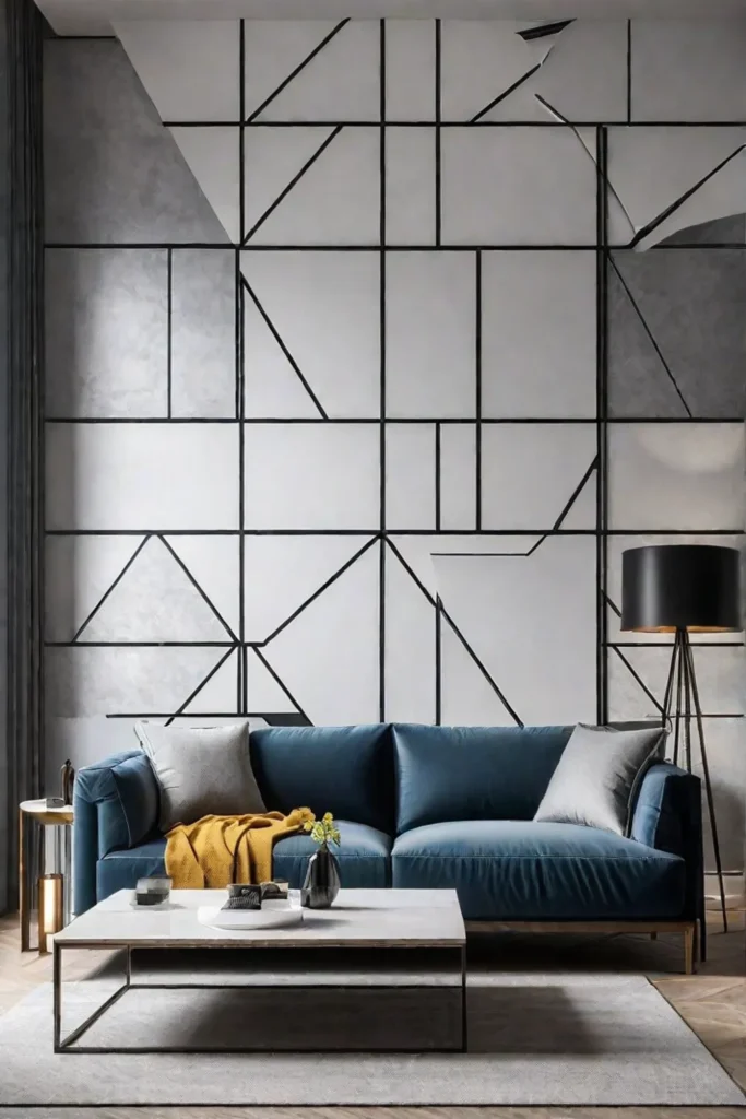 A contemporary living room with a geometric wallpaper accent wall featuring a