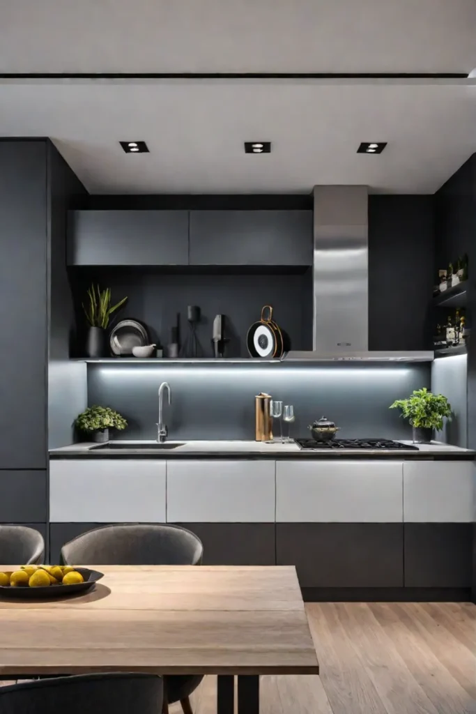 A contemporary techsavvy kitchen with a large island that features builtin lighting