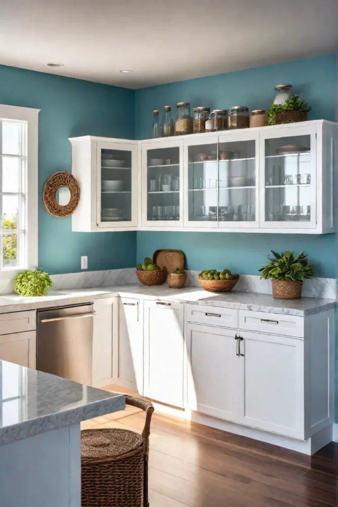 A corner lazy susan optimizing storage in a white kitchen