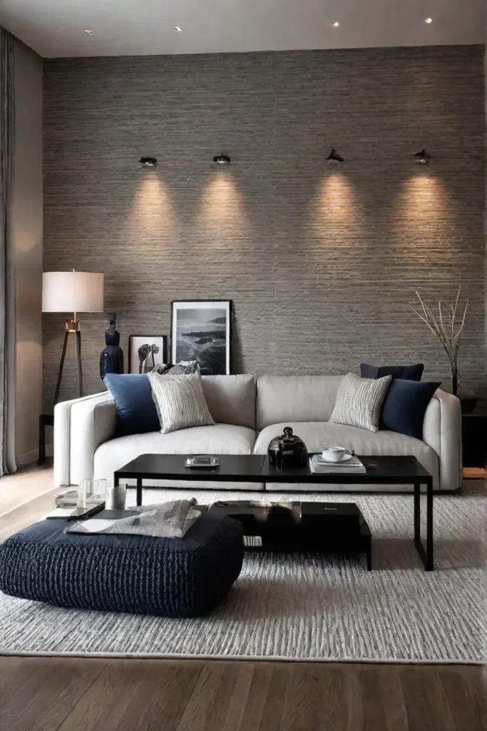 A cozy and inviting living room with a feature wall covered in