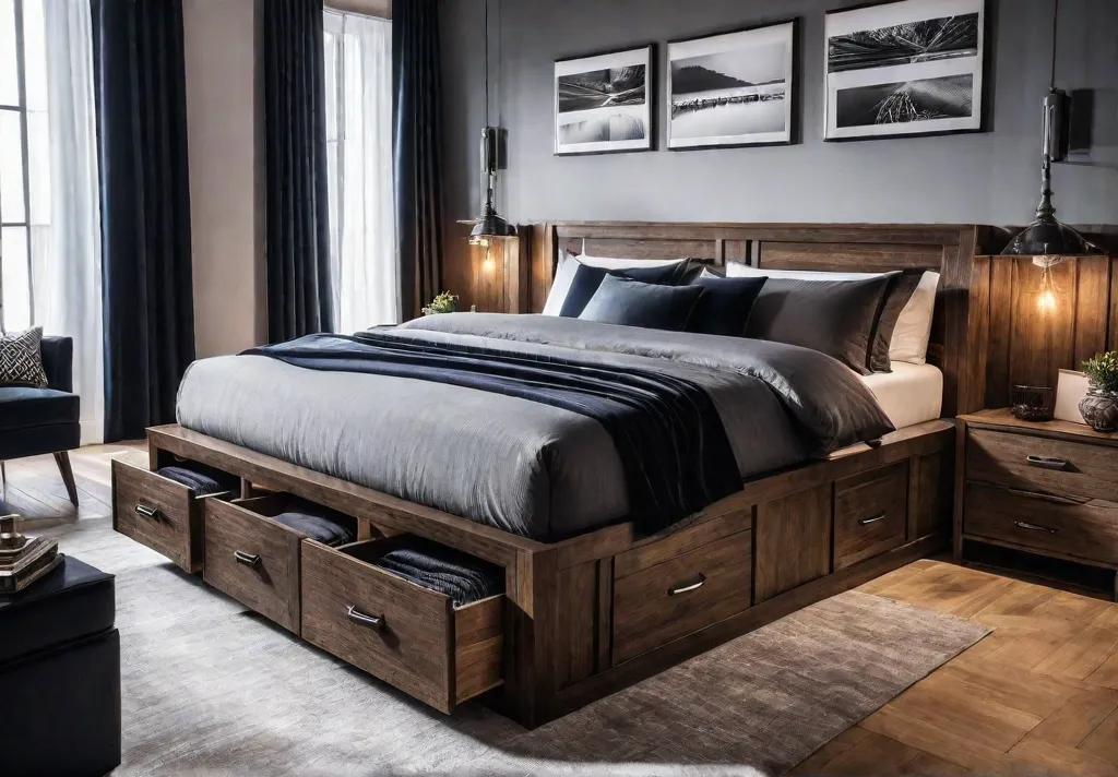 A cozy bedroom with a storage bed featuring drawers and shelves maximizingfeat