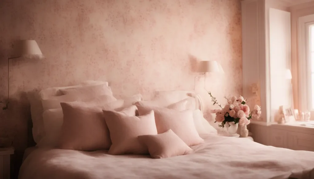 A cozy bedroom with soft floral wallpaper in shades of blush pink and cream