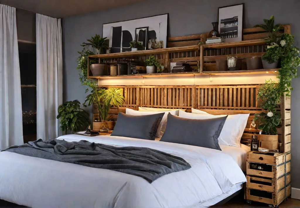 A cozy bedroom with wooden crates used as bedside tables and storagefeat