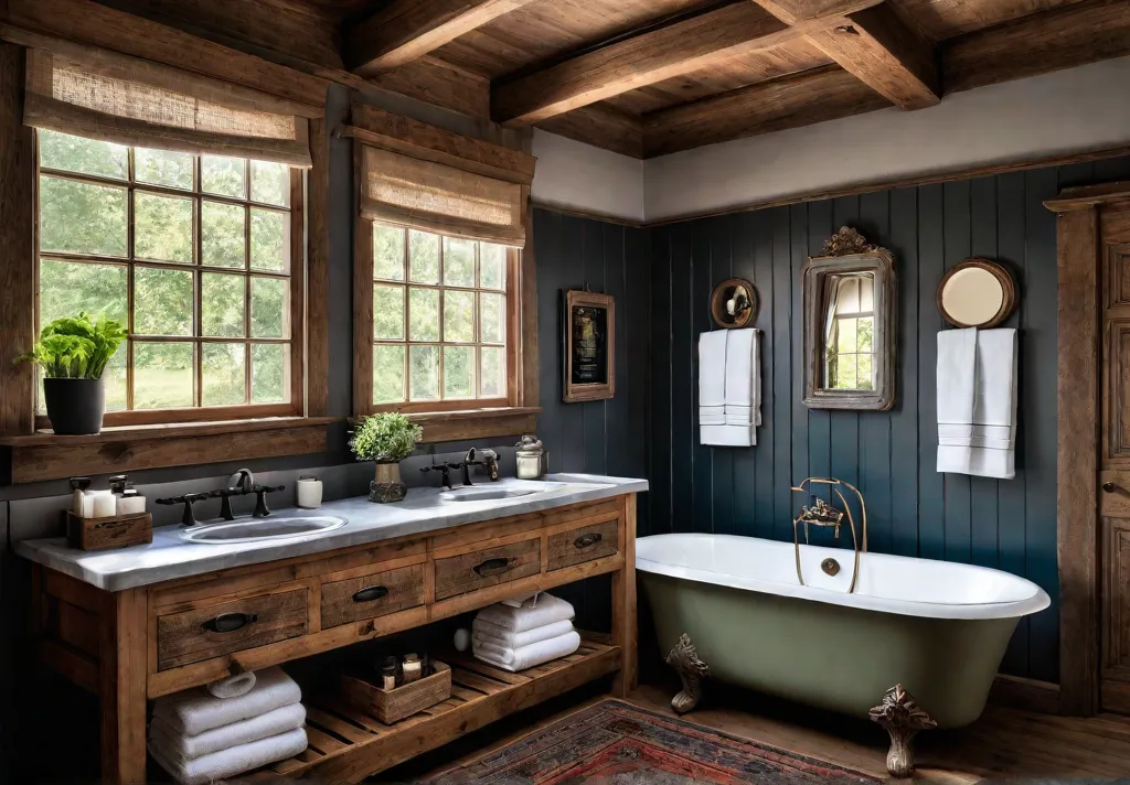 A cozy farmhouse bathroom featuring a rustic wood vanity with an antiquestylefeat