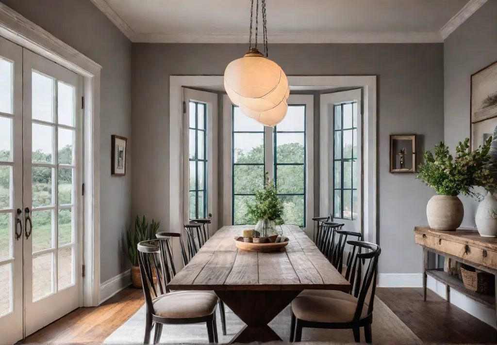 A cozy farmhouse dining room with a large wooden table mismatched chairsfeat