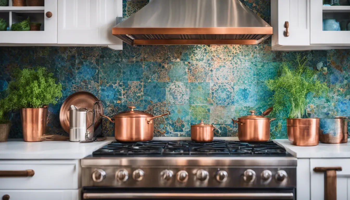 A cozy farmhouse kitchen featuring a mosaic tile backsplash with a vibrant mix of blue and green