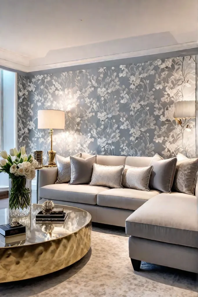 A cozy feminine living room with a delicate floral wallpaper accent wall