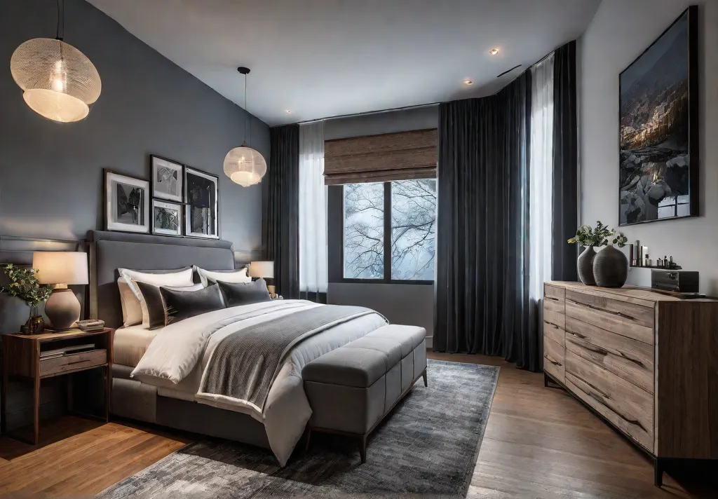 A cozy guest bedroom with a wooden armoire that doubles as afeat