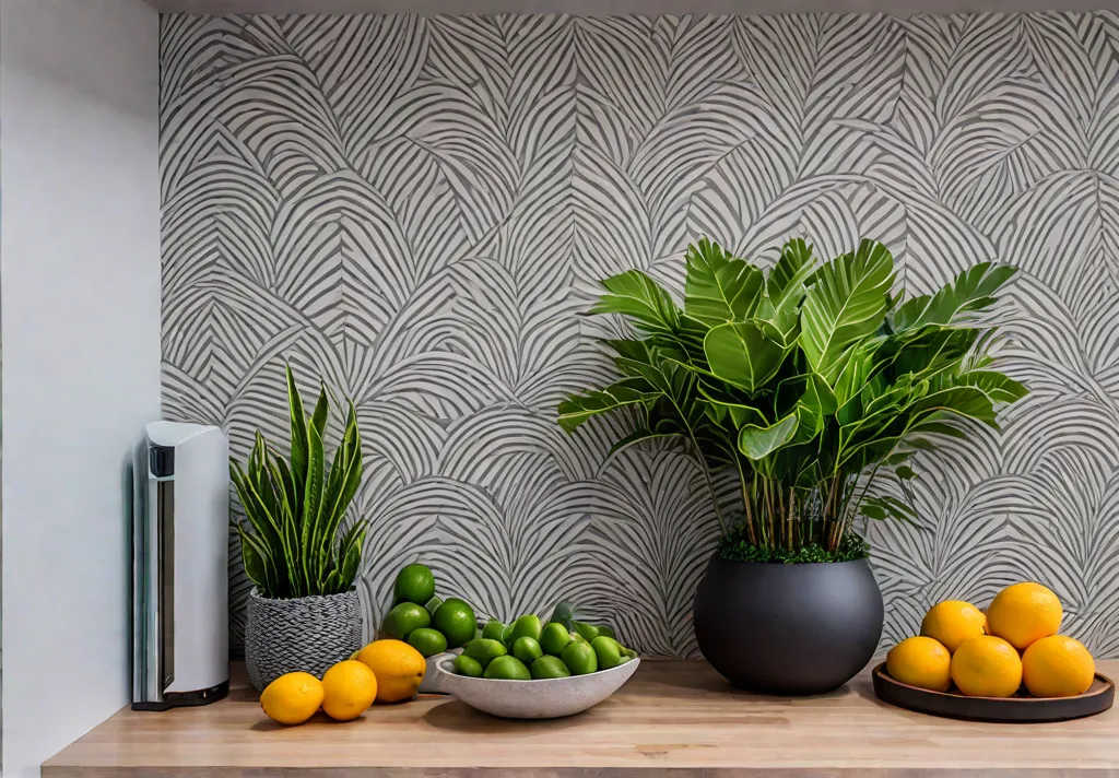 A cozy kitchen corner with a stenciled accent wall featuring a herringbonefeat