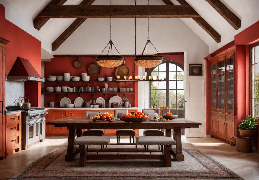 A cozy rustic kitchen bathed in warm hues of red and orangefeat