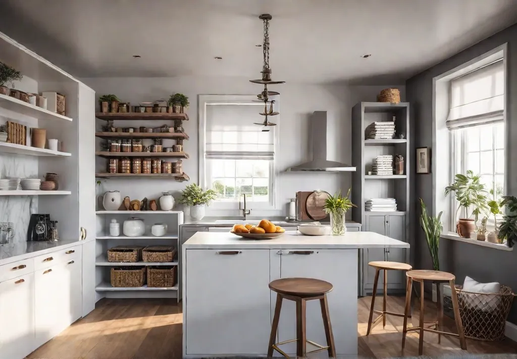 A cozy tiny kitchen bathed in sunlight featuring a foldable kitchen islandfeat