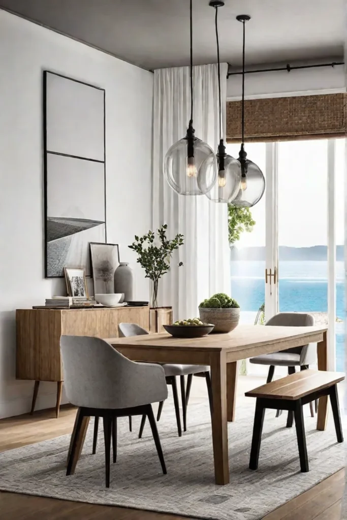 A dining room with a Scandinavian aesthetic showcasing a wooden table lightcolored