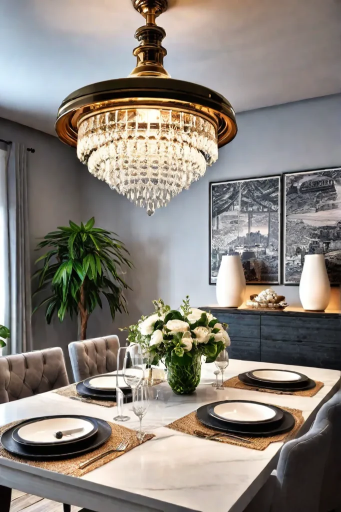 A dining room with a mix of vintage and modern furnishings a