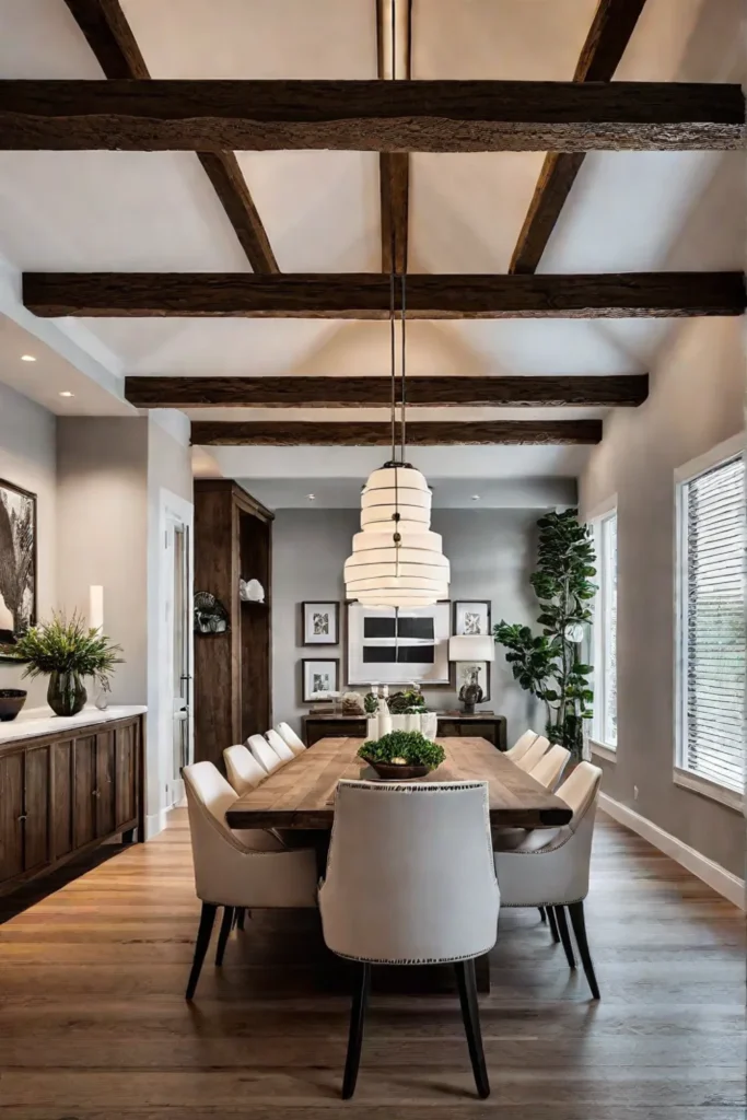 A dining room with a rusticmodern aesthetic showcasing a wooden table sleek