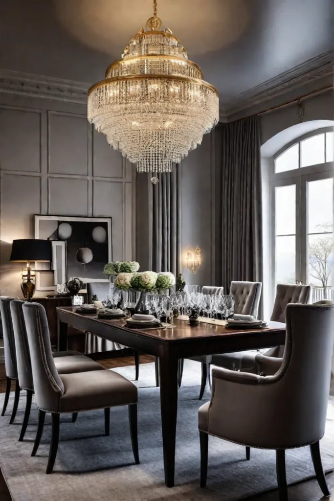 A dining room with a statement chandelier a wooden table and plush