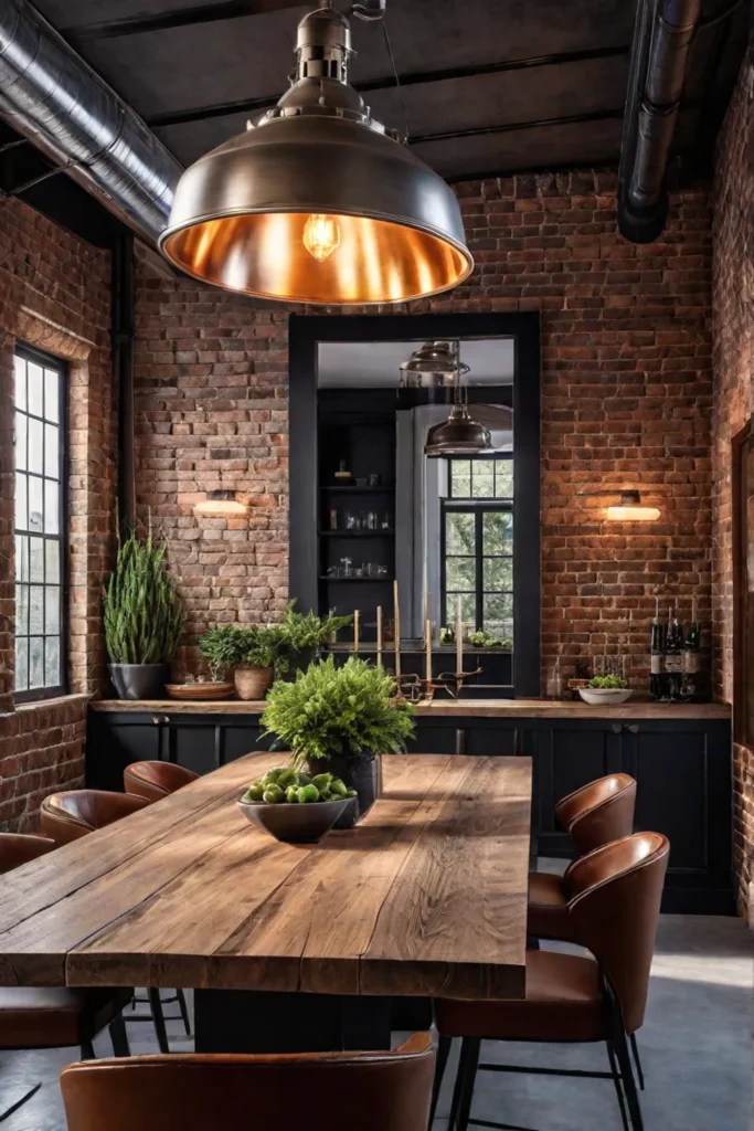 A dining room with an industrialchic vibe featuring a metal and wood