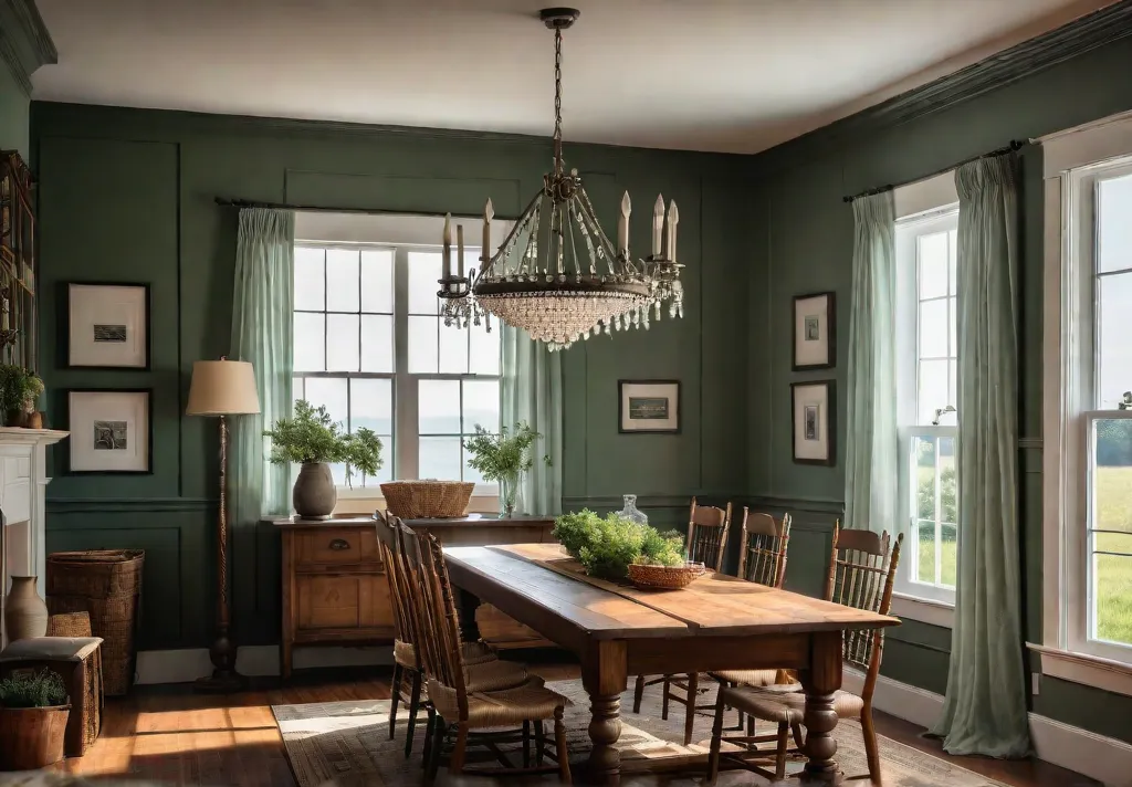 A farmhouse dining room bathed in the soft glow of morning sunlightfeat