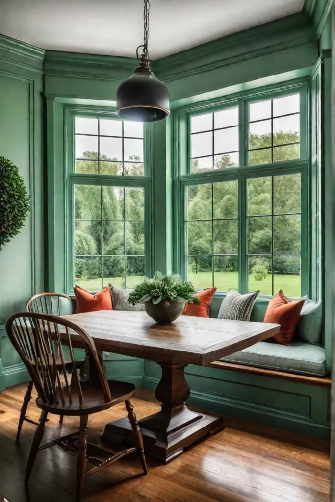 A farmhouse dining room with a bay window and a view of