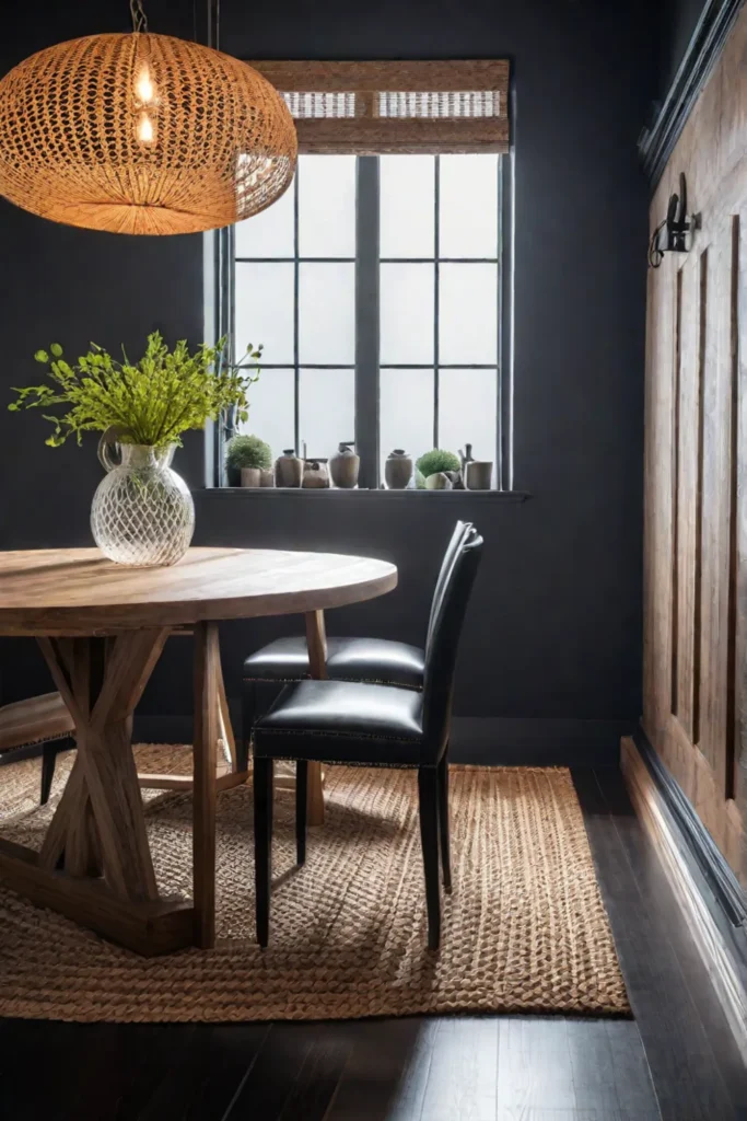 A farmhouse dining room with a black accent wall and light wood