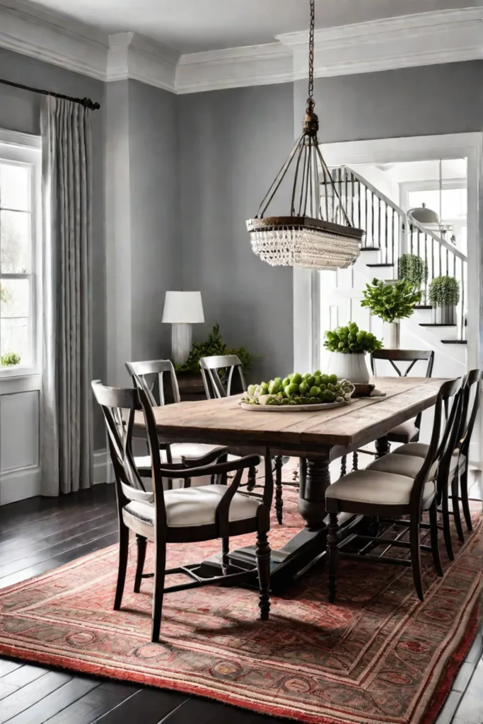 A farmhouse dining room with a brick floor and a vintage chandelier