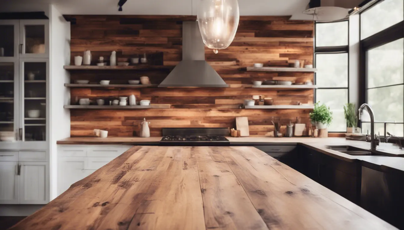 A farmhouse kitchen featuring a reclaimed wood backsplash with warm, honey toned hues and visible