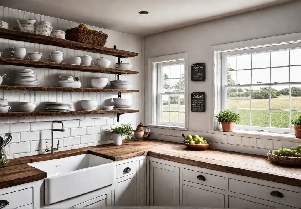 A farmhouse kitchen featuring a white beadboard backsplash open shelving with rusticfeat